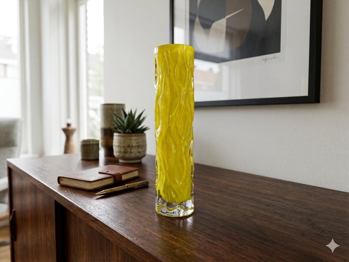 Vintage INGRID GLAS Bright Yellow Cylinder Vase Wave Design German Pottery 1960s 1970s