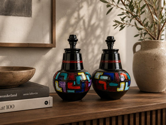 Set of 2 Vintage BITOSSI CERAMICHE Black Table Bedside Lamps With Colorful Geometric Decor 1960-70