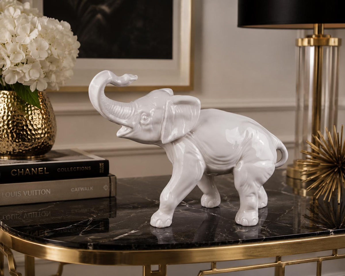 Vintage German Porcelain Elephant Figurine Grey White Ceramic Elephant Trunk Up GDR Graefenthal Style Good Luck Elephant Decor