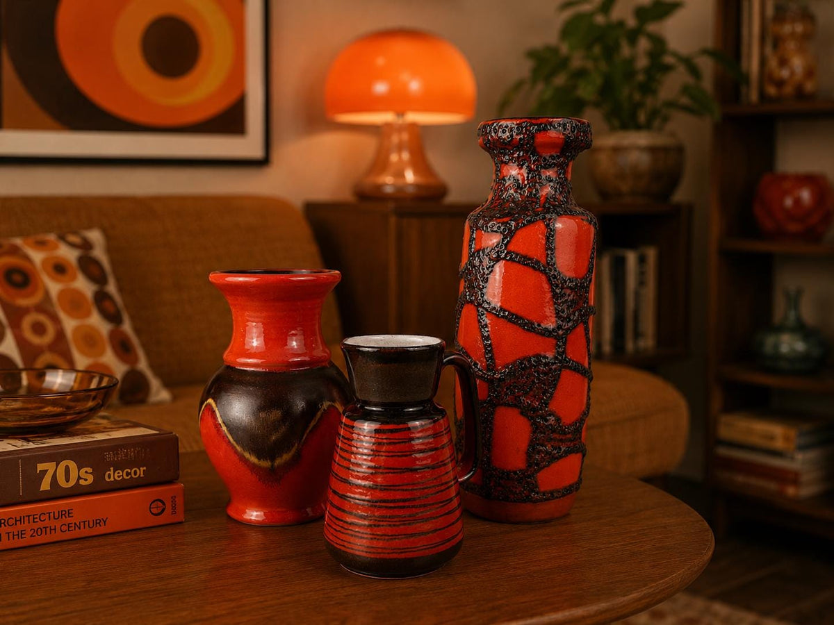 Vintage Set of 3 West German Pottery Vases Scheurich Jasba Waechtersbach Orange Ceramics 1970s