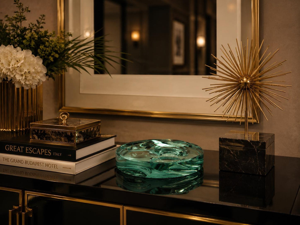 Vintage FONTANA ARTE Turquoise Mirrored Valet Tray by Gallotti and Radice, Italian Design Glass Art ca. 1960