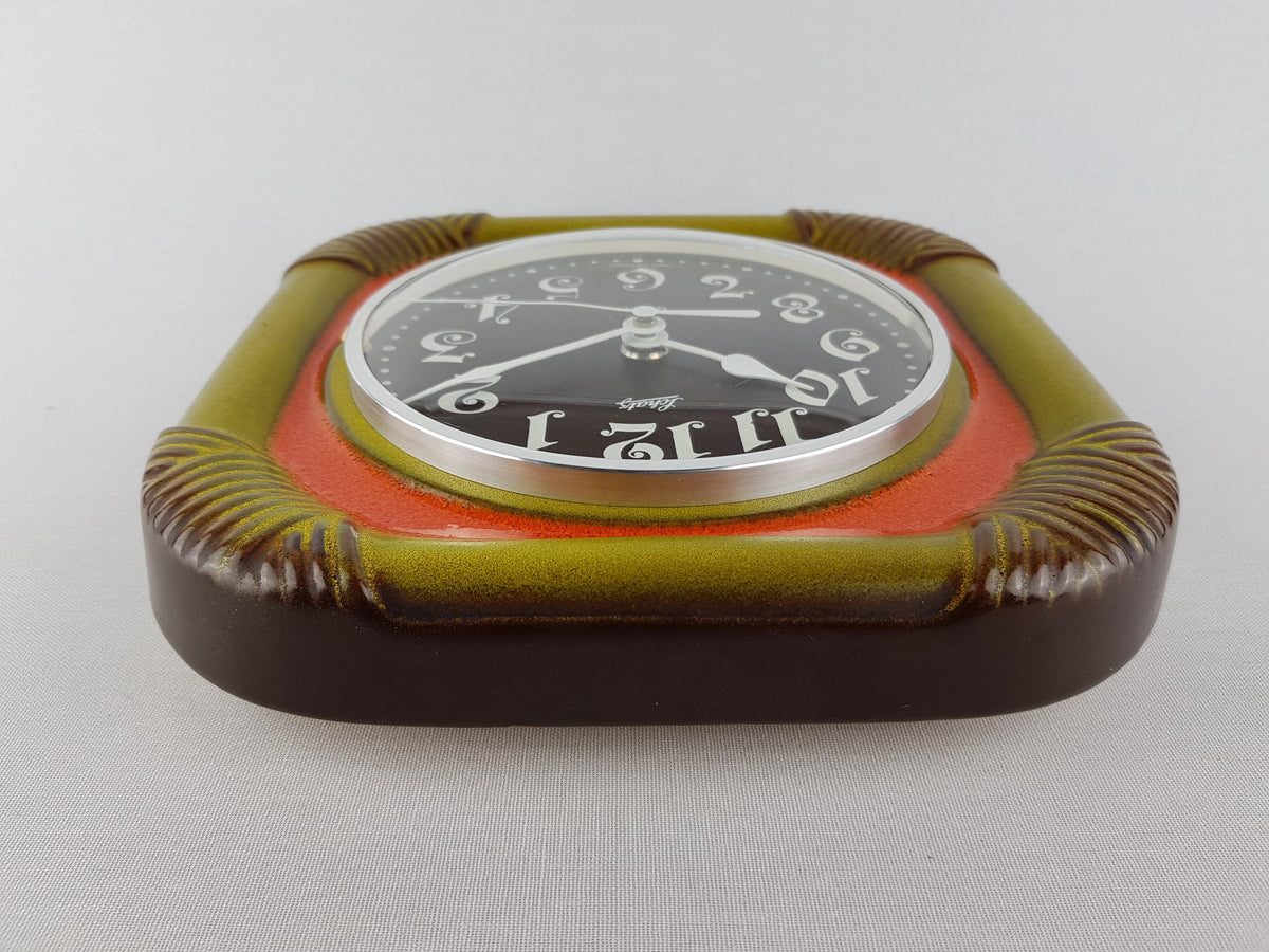 Vintage HERBOLZHEIMER KERAMIK Orange and Green Ceramic Kitchen Clock West German Pottery 1970s
