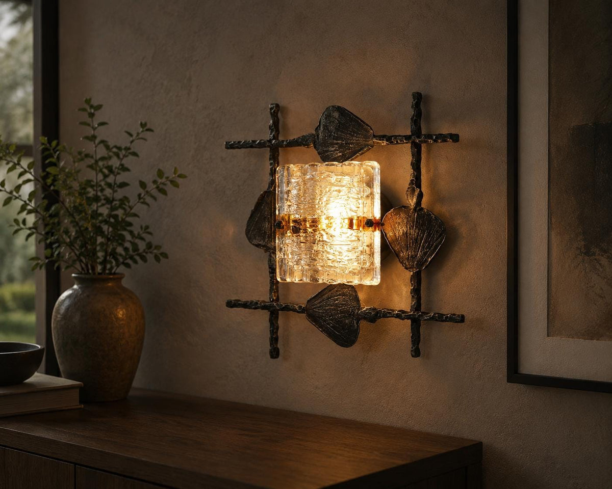 Vintage Tom Ahlström & Hans Ehrlich Brutalist Wall Lamp Wrought Iron and Artistic Glass Sweden 1960s