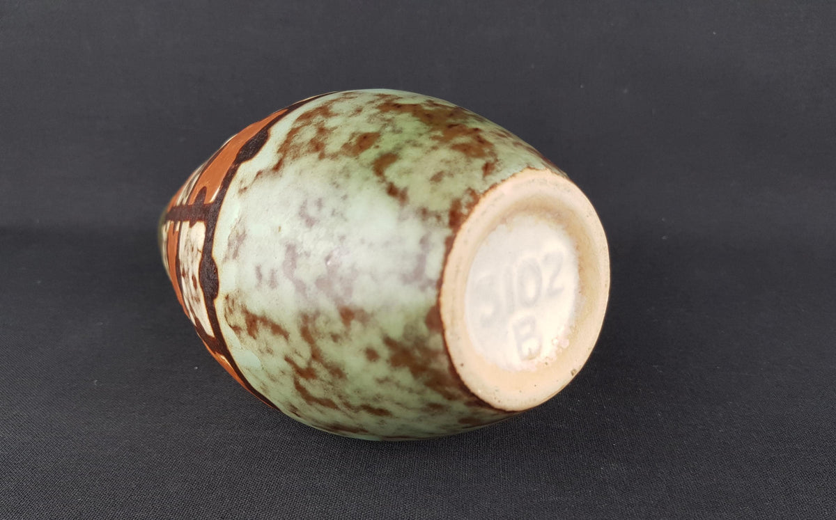 Vintage VEB HALDENSLEBEN Green, Brown and Beige Vase with Puzzle Decor 3120B East German Pottery 1960s
