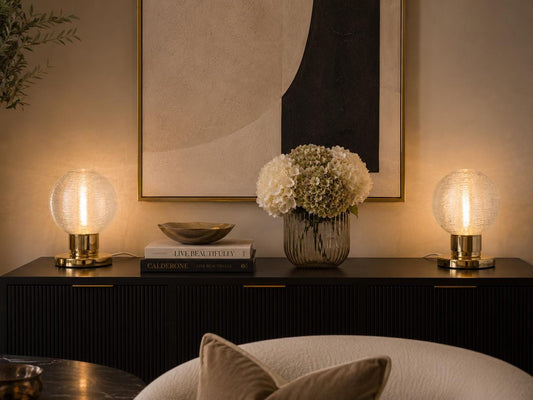 Pair of vintage DORIA LEUCHTEN, Footed Table or Bedside Lamps with Crackled Glass Bulb Shades West-Germany 1970s