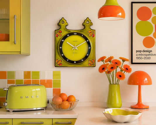 Vintage HERBOLZHEIMER KERAMIK Apple Green Ceramic Kitchen Clock Kienzle West German Pottery 1970s