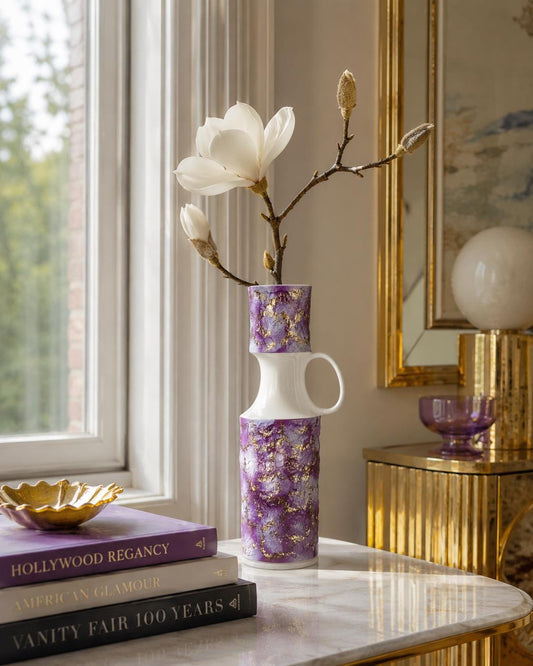 Vintage KERAFINA Porzellanfabrik White Biscuit Porcelain Vase with Purple and Gold Decor – Royal KPM Bavaria – West Germany 1970s