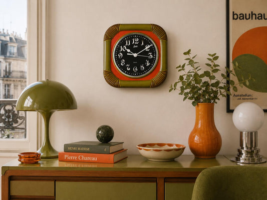 Vintage HERBOLZHEIMER KERAMIK Orange and Green Ceramic Kitchen Clock West German Pottery 1970s
