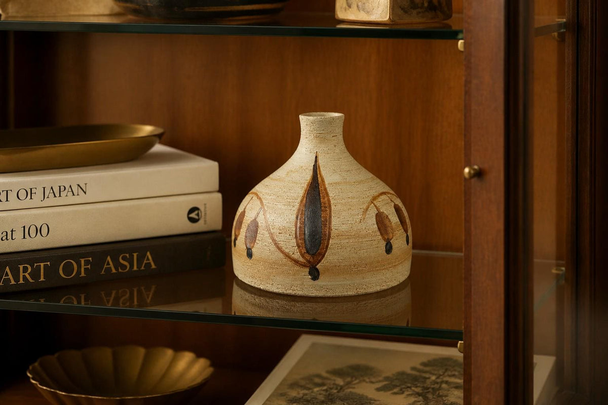 Vintage SGRAFO Beige and Brown Vase with Abstract Leaf decor West Germany 1970s