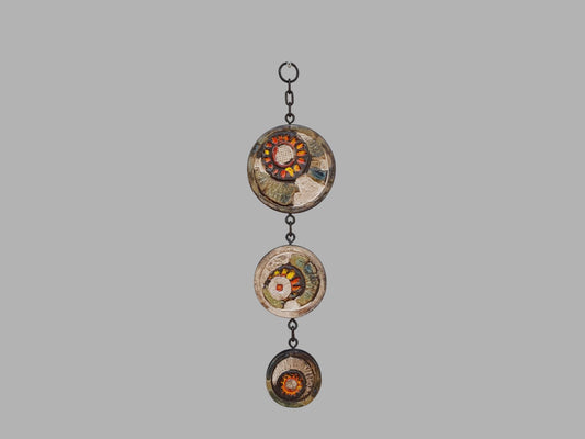 Vintage RUSCHA KERAMIK Wall Hanger with Chain and 3 tiles with 3D flower decor West German Pottery 1960-70s