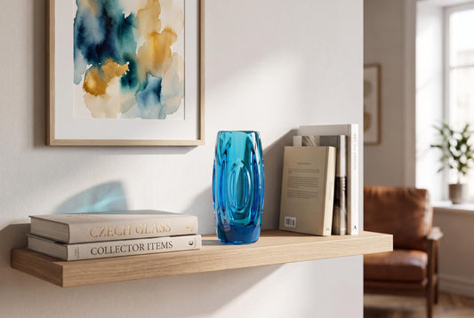 Vintage Czech Rosice Glass Works Lens / Bullet Blue Vase design by Rudolf Schrötter Sklo Union 1955