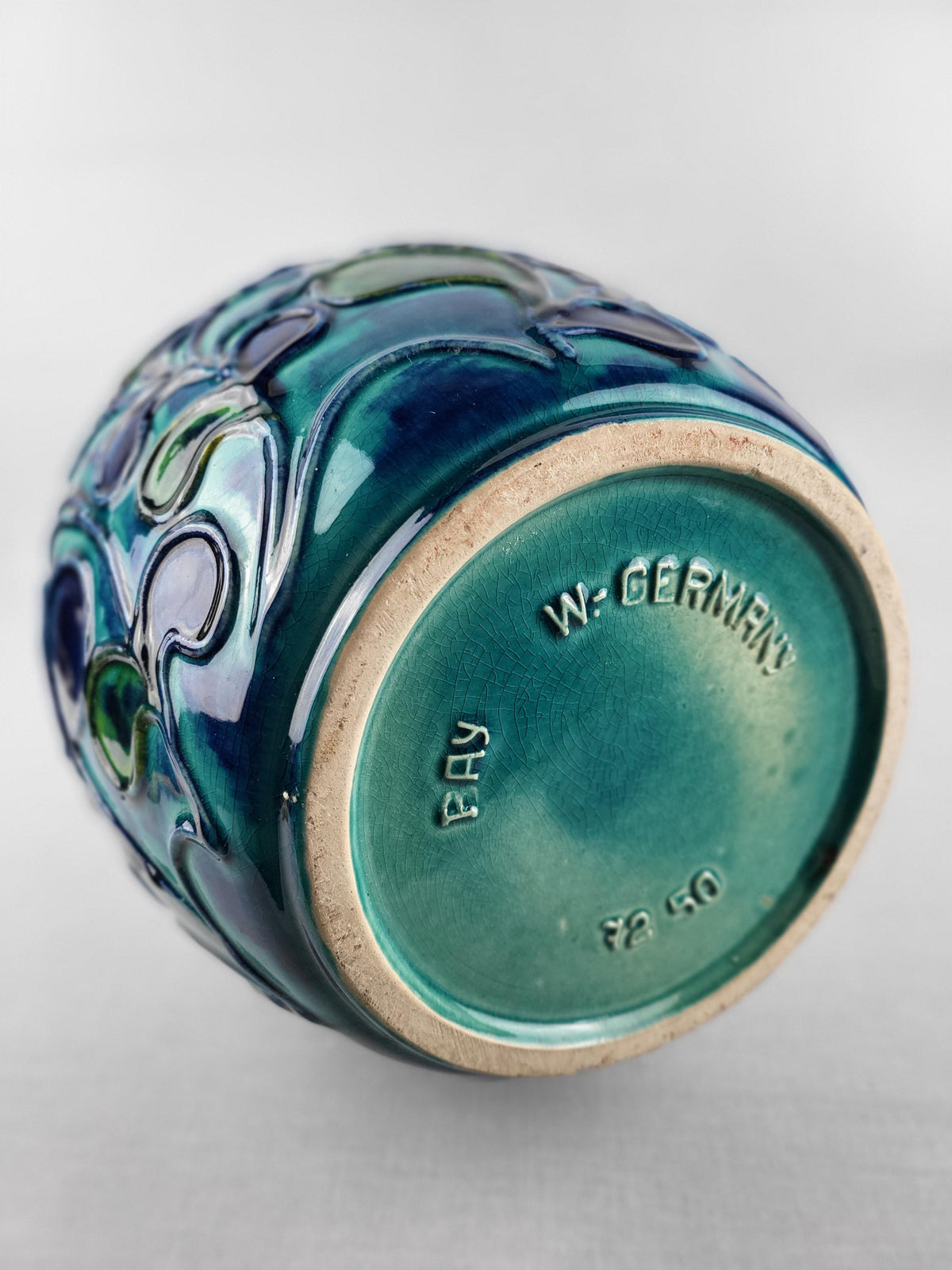 Vintage BAY KERAMIK Blue Turquoise Floor Vase With Turquoise Flower and Leaf Decor 72 50 West German Pottery 1970s