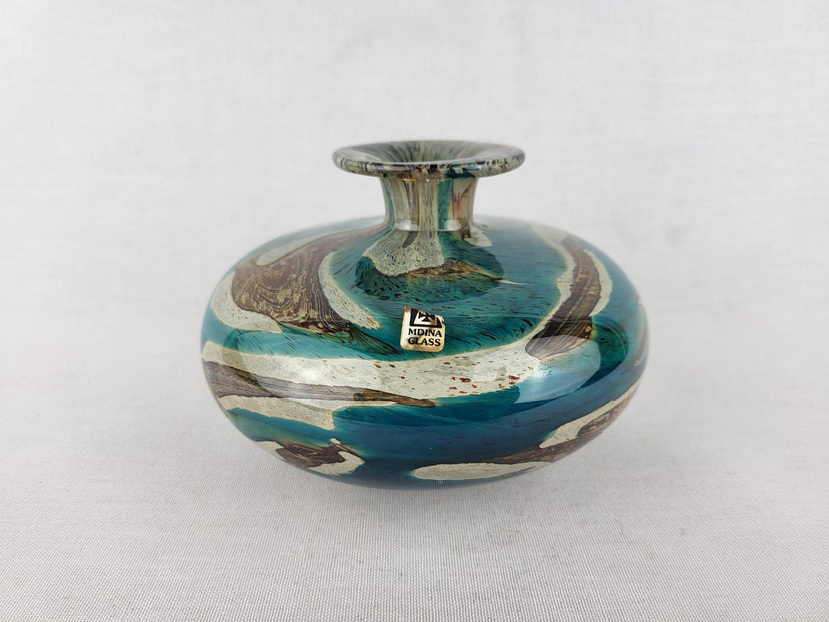 Vintage MDINA Turquoise Brown UFO Glass Vase Malta 1970s — photo 3