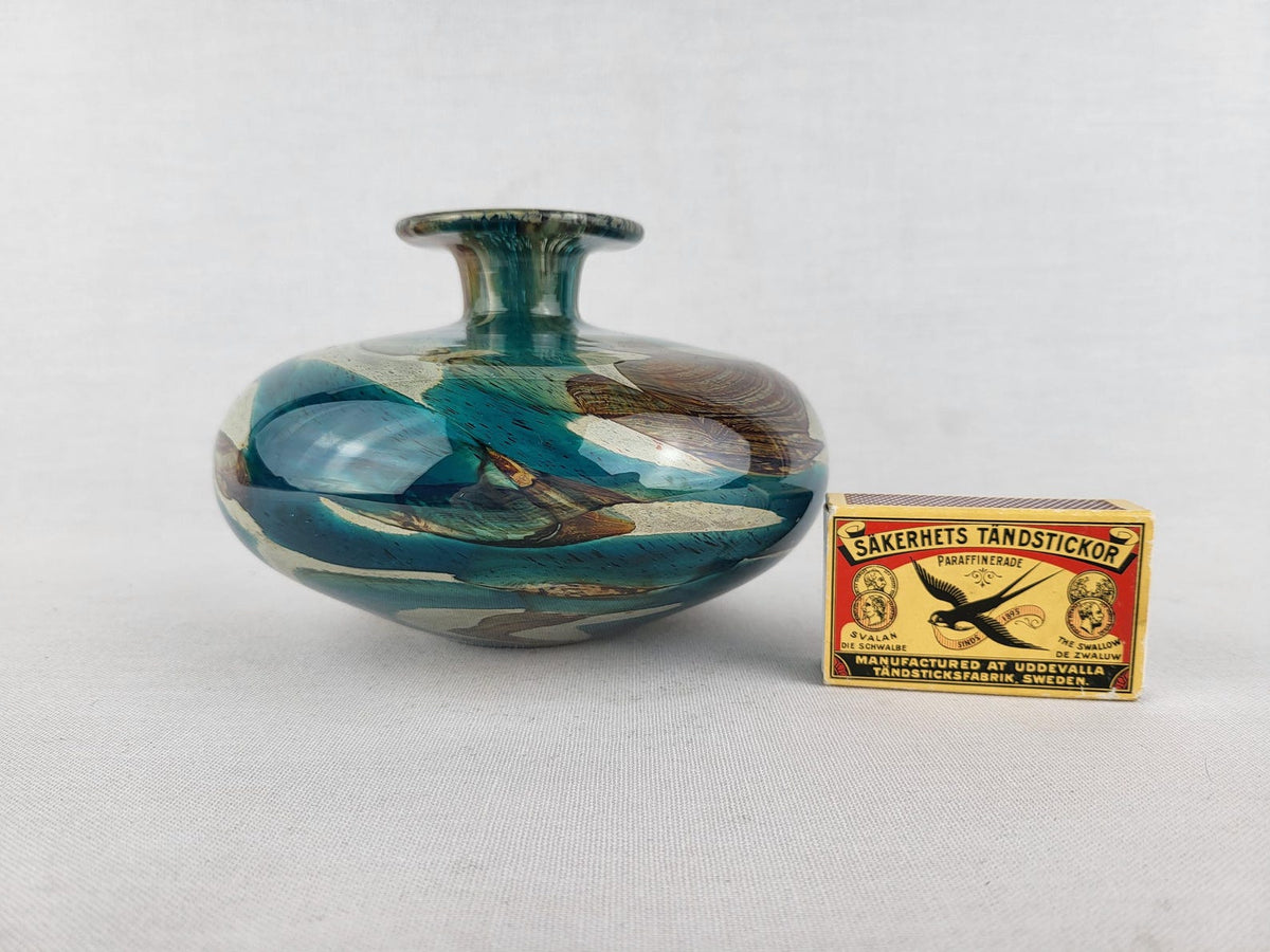 Vintage MDINA Turquoise Brown UFO Glass Vase Malta 1970s — photo 4