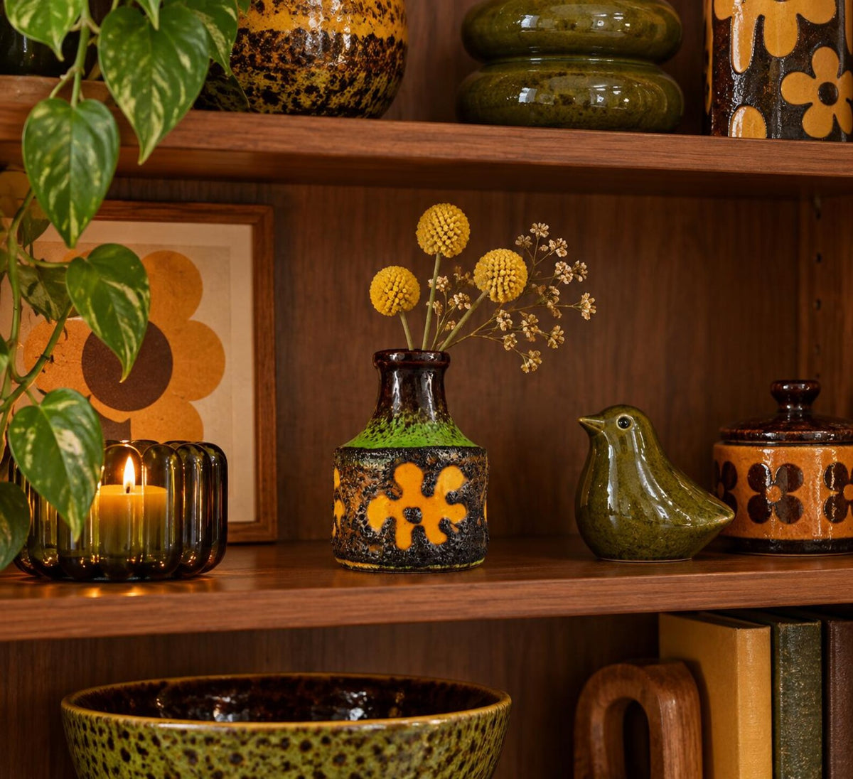 Vintage SCHEURICH KERAMIK Brown Green Vase with Orange Flower 550-10 West German Pottery 1970s — photo 2