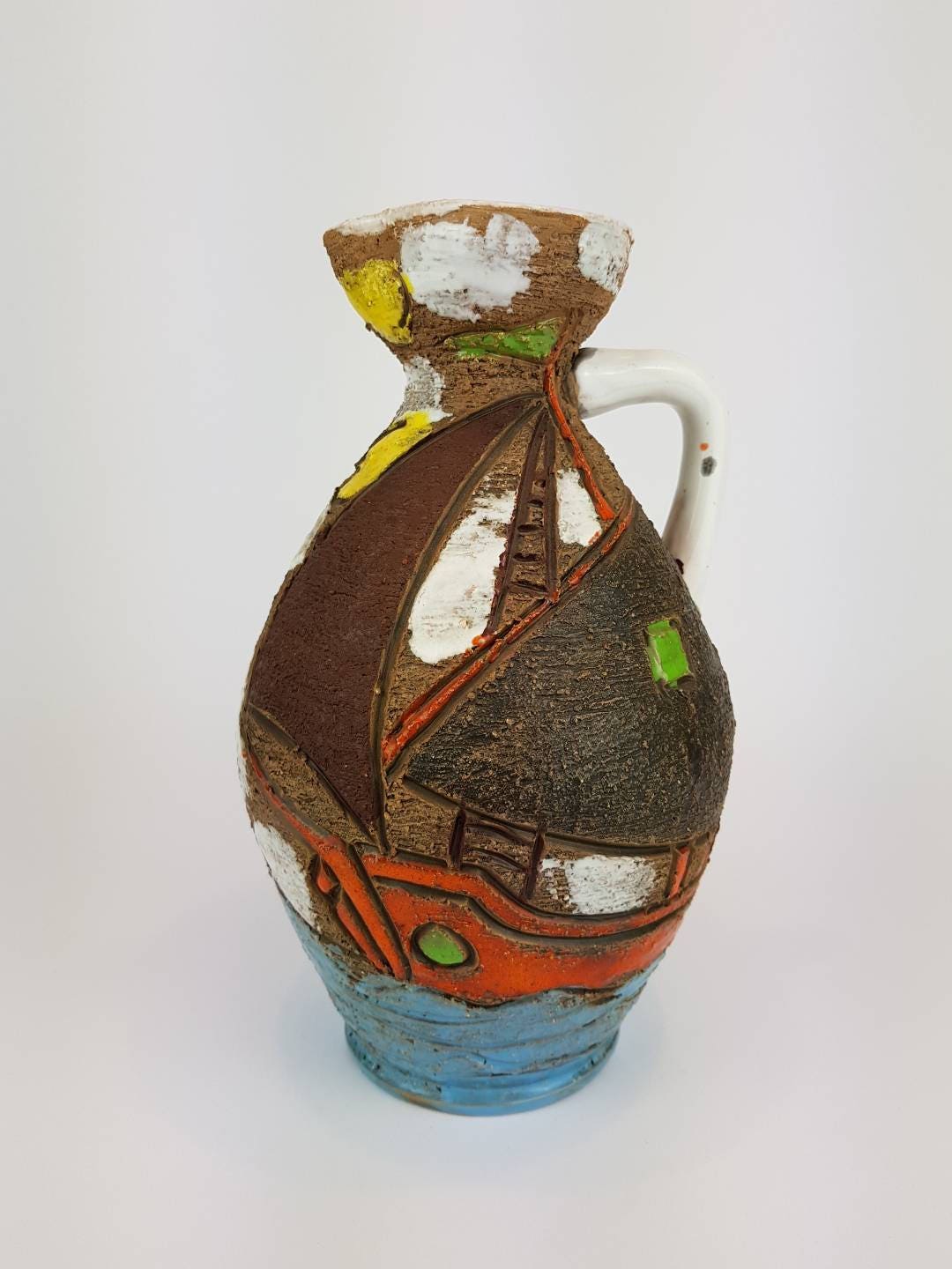 Vintage Handled FRATELLI FANCIULLACCI Vase With Sailing Ships Decor From Italy 8206 1960s