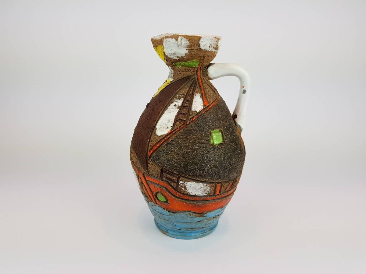 Vintage Handled FRATELLI FANCIULLACCI Vase With Sailing Ships Decor From Italy 8206 1960s