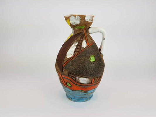Vintage Handled FRATELLI FANCIULLACCI Vase With Sailing Ships Decor From Italy 8206 1960s