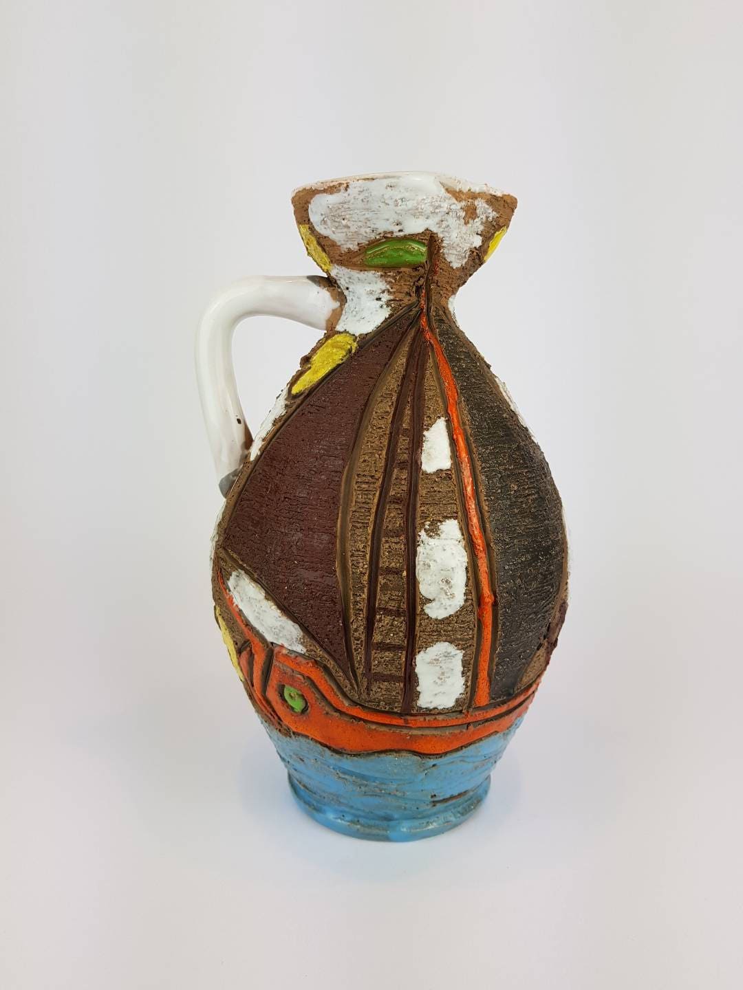 Vintage Handled FRATELLI FANCIULLACCI Vase With Sailing Ships Decor From Italy 8206 1960s