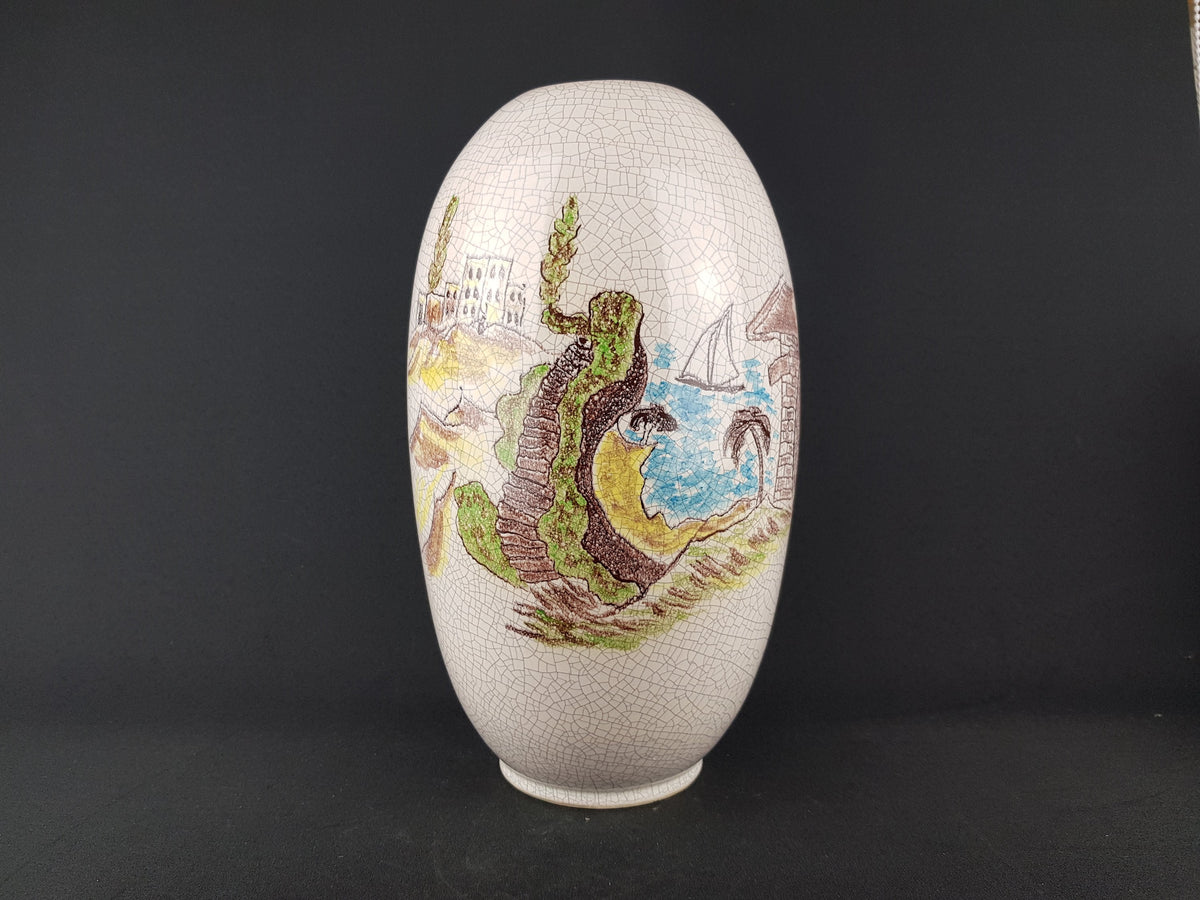 Vintage XL SILBERDISTEL Craquele Vase with "Korsika" Decor, West German Pottery 1957