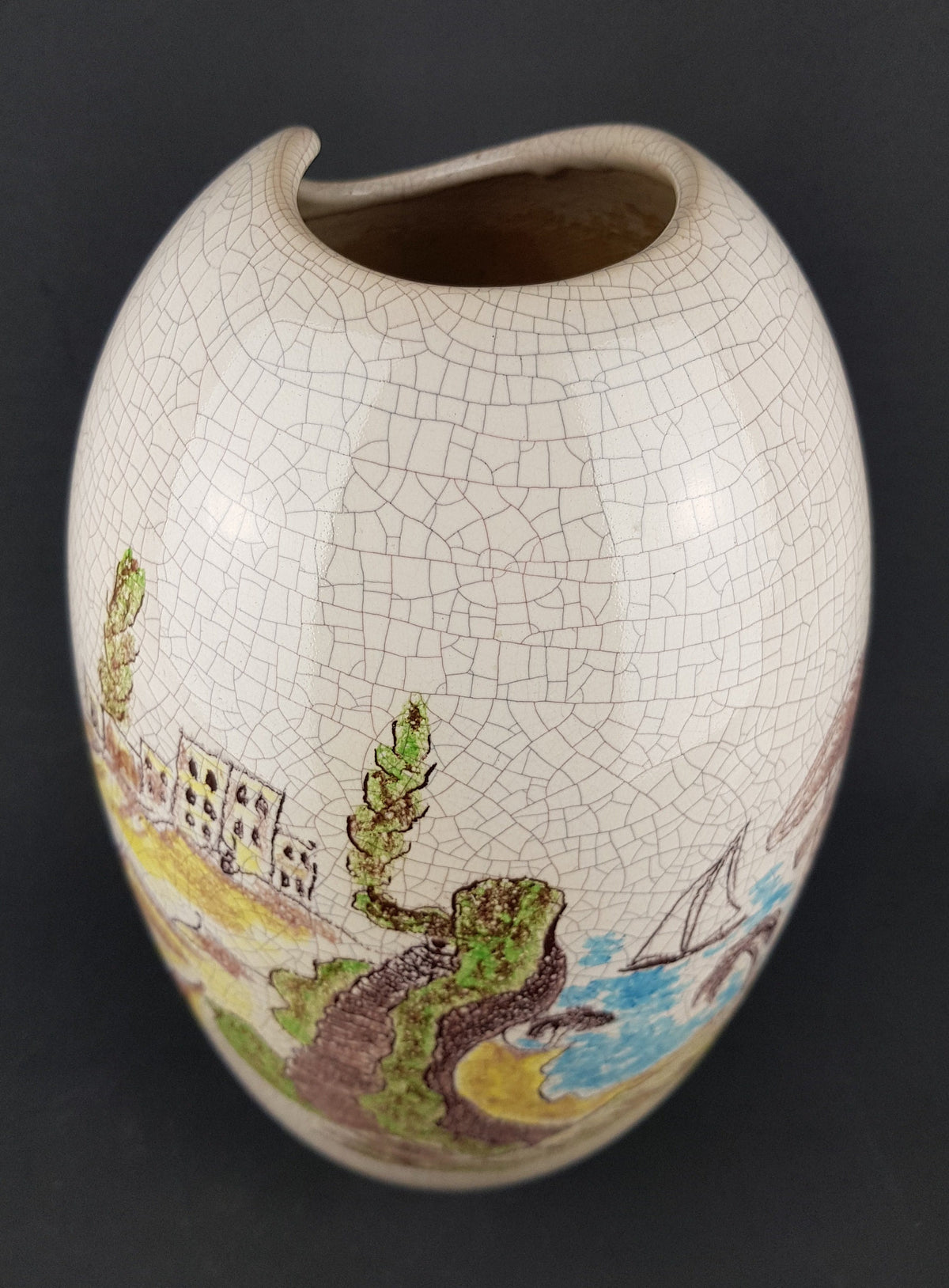 Vintage XL SILBERDISTEL Craquele Vase with "Korsika" Decor, West German Pottery 1957