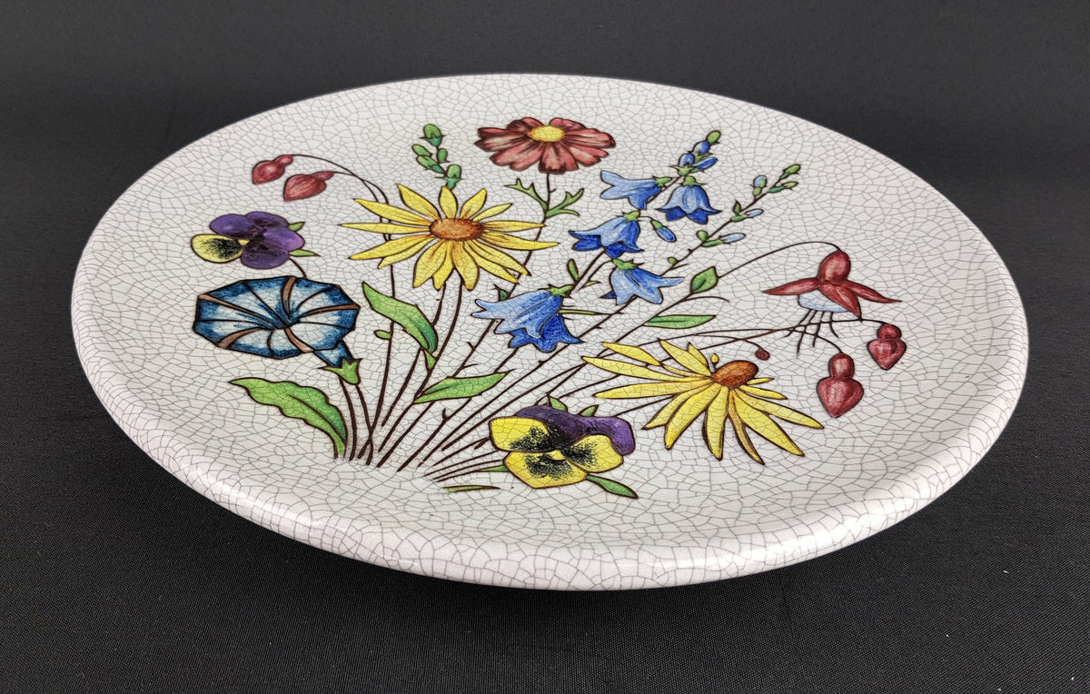 Vintage KARLSRUHER MAJOLIKA KERAMIK Wall Plaque with flower decor, by Anita Fuchs 1963 West German Pottery #