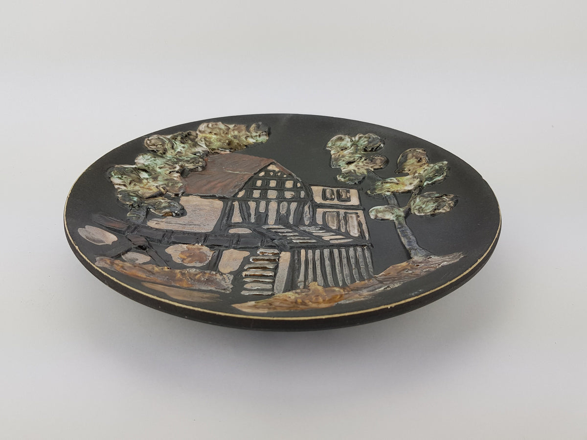 Vintage Brown RUSCHA KERAMIK Wall Plaque with decor of a House 1970s #