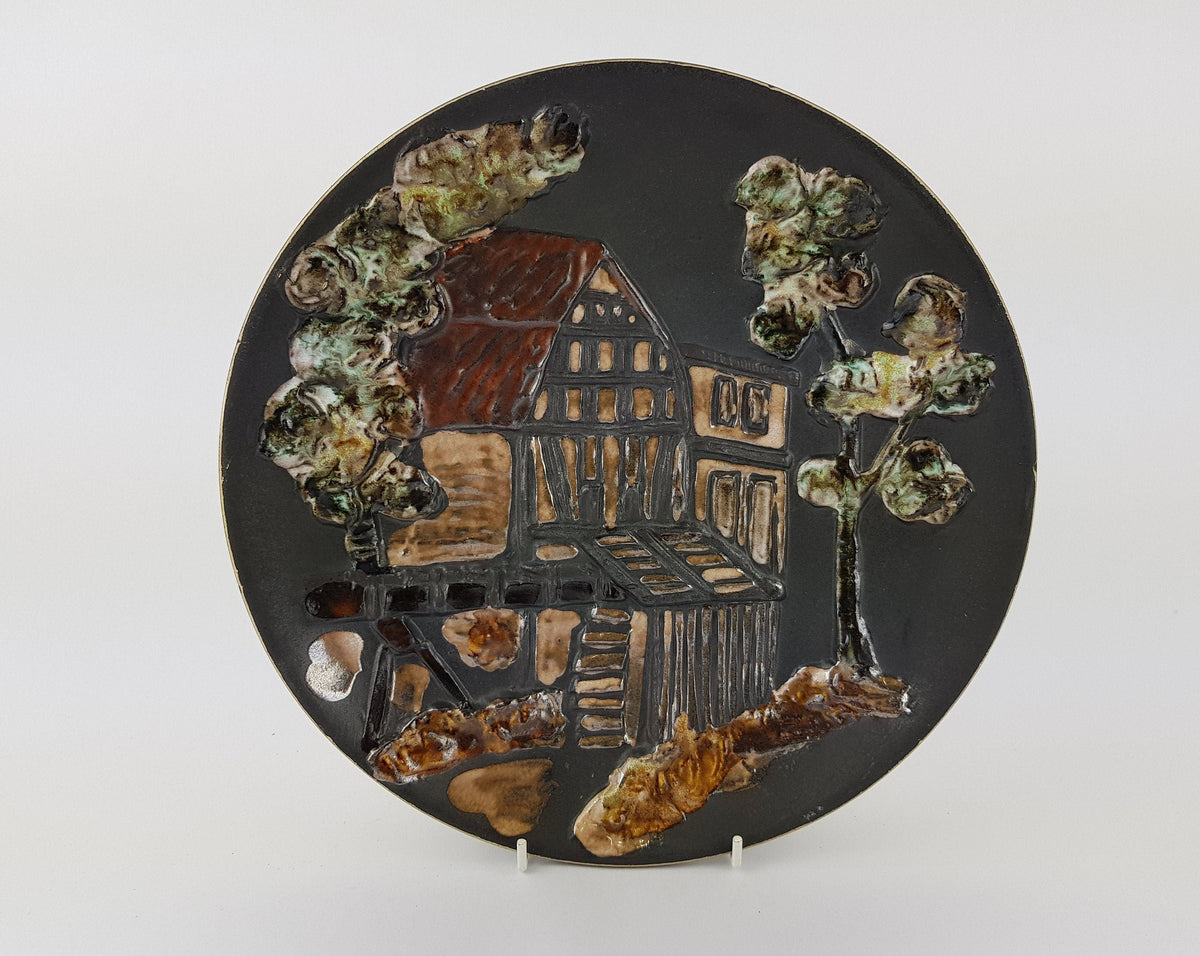 Vintage Brown RUSCHA KERAMIK Wall Plaque with decor of a House 1970s #