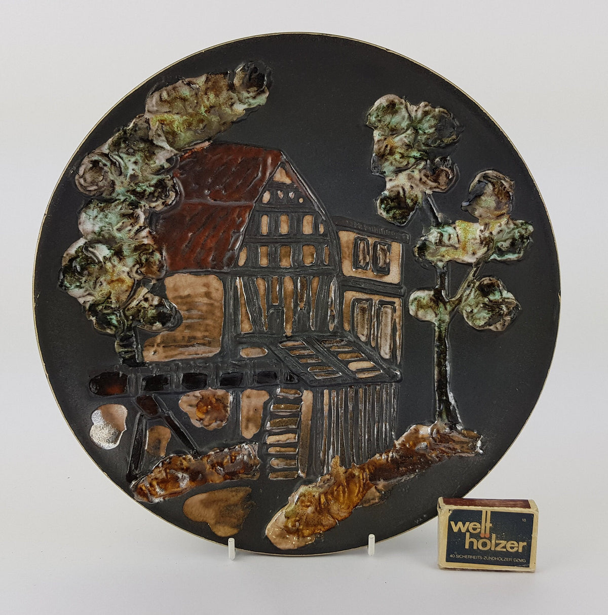 Vintage Brown RUSCHA KERAMIK Wall Plaque with decor of a House 1970s #