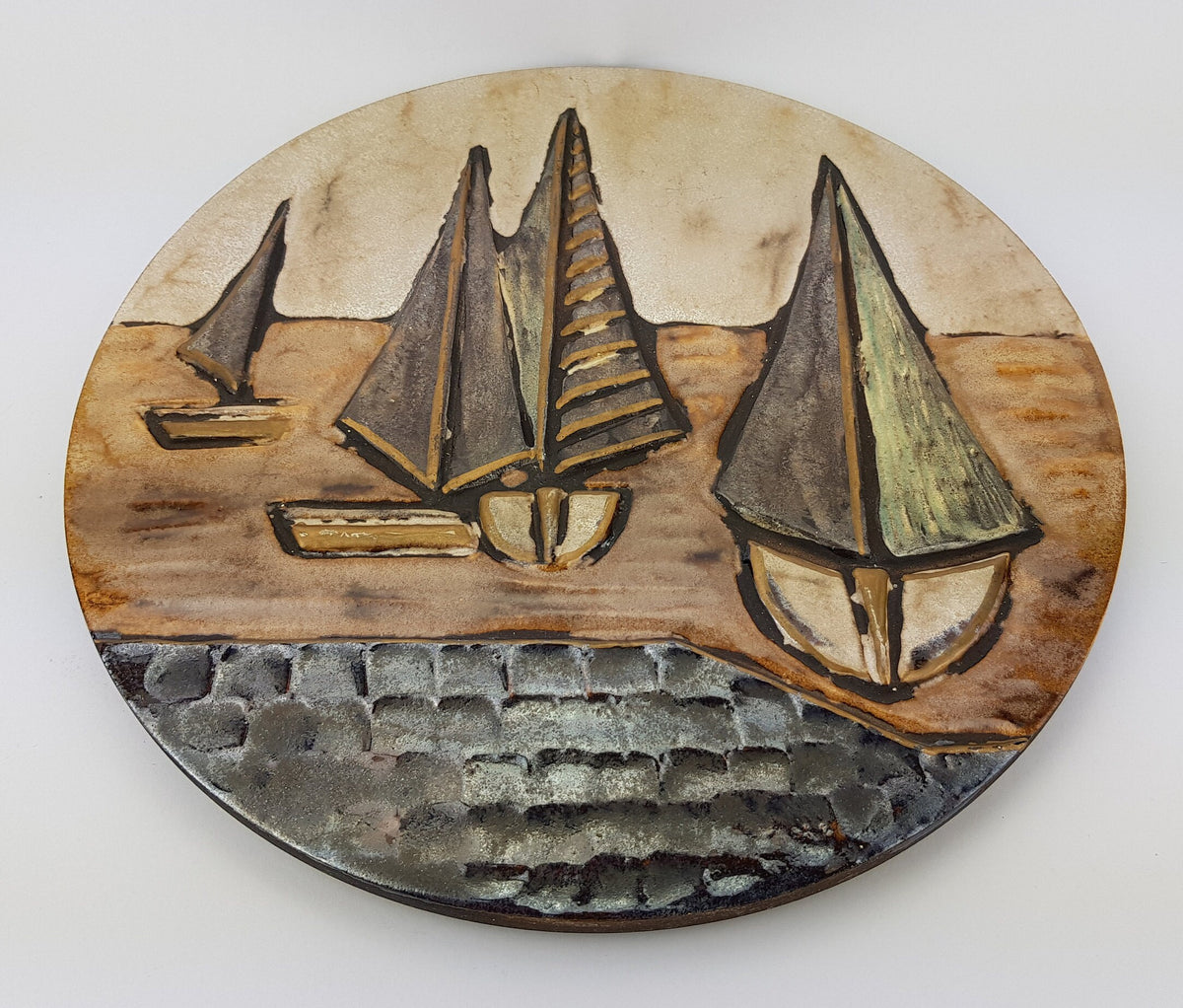 Vintage OTTO KERAMIK 3D Wall Plate Sailing Ships Decor Fat Lava 1995 - 2000
