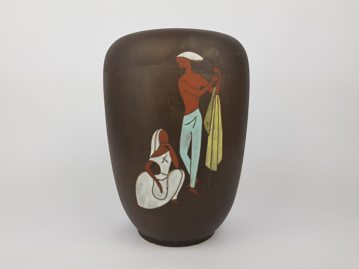 Vintage Studio Art Pottery by ARNO KIECHLE Engobe Vase with People Decor 1950s 528