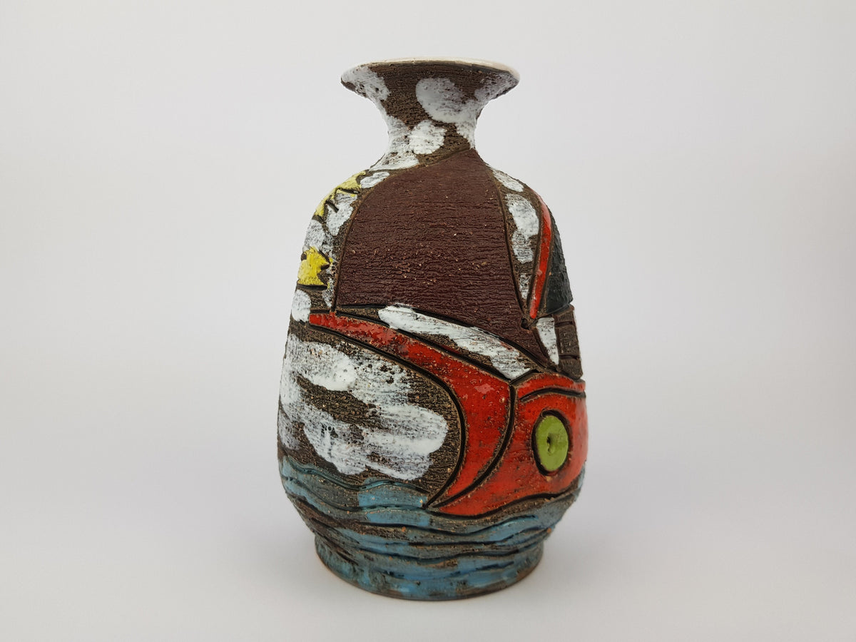 Vintage FRATELLI FANCIULLACCI Vase With Sailing Ships Decor 1960s Italian Pottery Italy