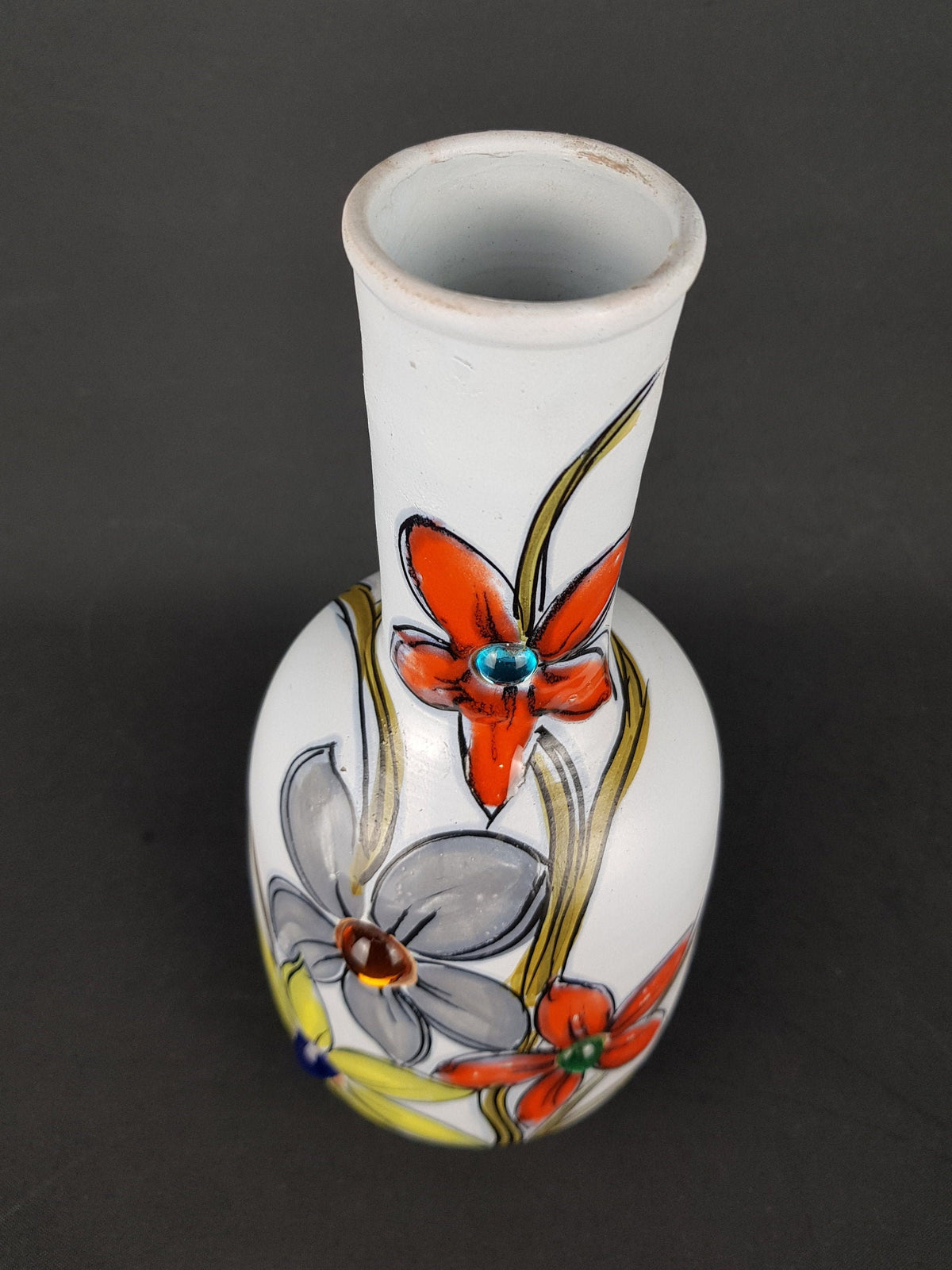 Vintage White FRATELLI FANCIULLACCI Vase 8226 With Flower and Stones Decor 1960s 1970s