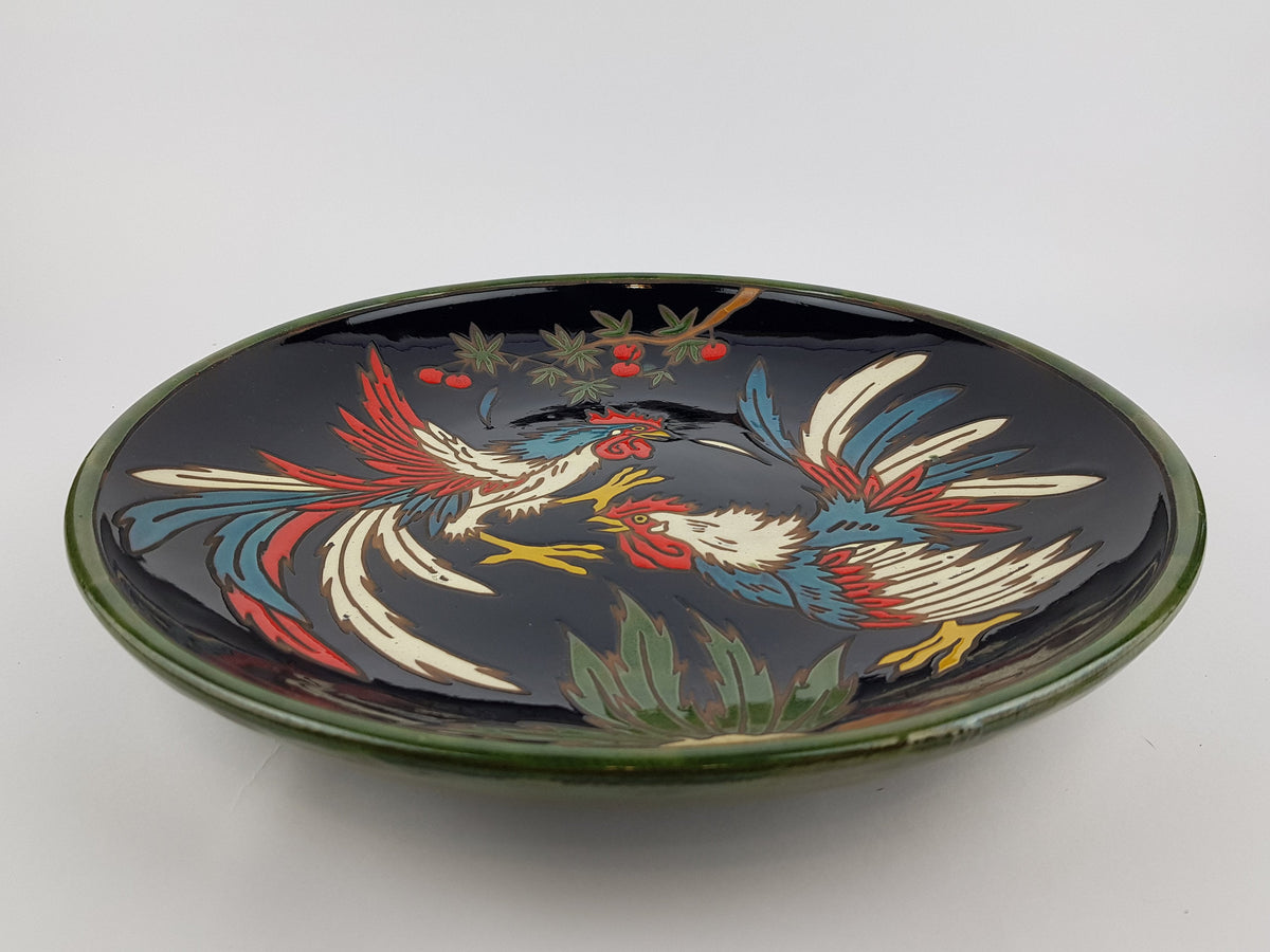 Vintage Fighting Roosters Cocks Wall Plate Enamelled Ceramic