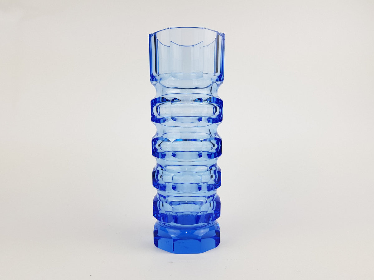 Vintage Blue VEB GLASWERKE SCHMIEDEFELD by Oldrich Lipsky Octagonal Facetted Crystal Glass Exbor Vase 1960s 1970s