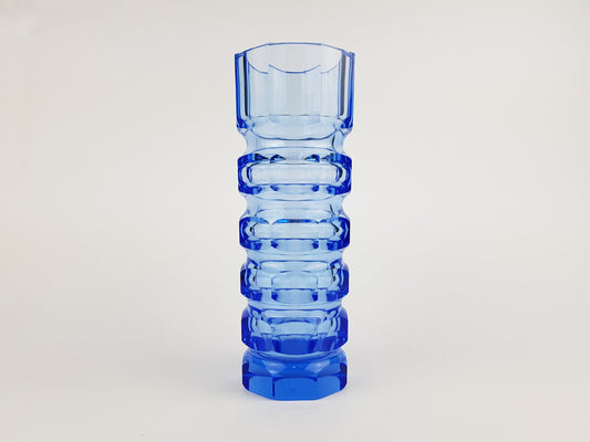 Vintage Blue VEB GLASWERKE SCHMIEDEFELD by Oldrich Lipsky Octagonal Facetted Crystal Glass Exbor Vase 1960s 1970s