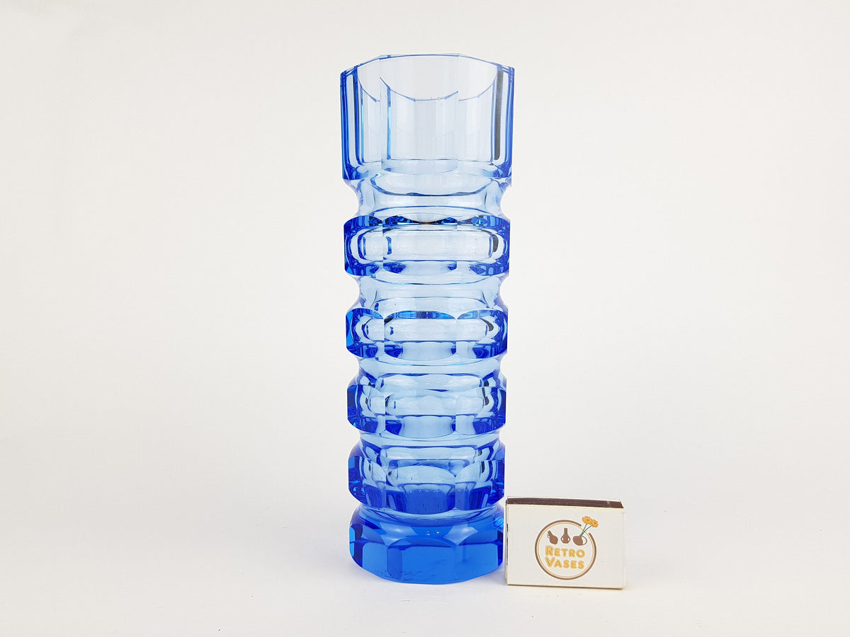 Vintage Blue VEB GLASWERKE SCHMIEDEFELD by Oldrich Lipsky Octagonal Facetted Crystal Glass Exbor Vase 1960s 1970s