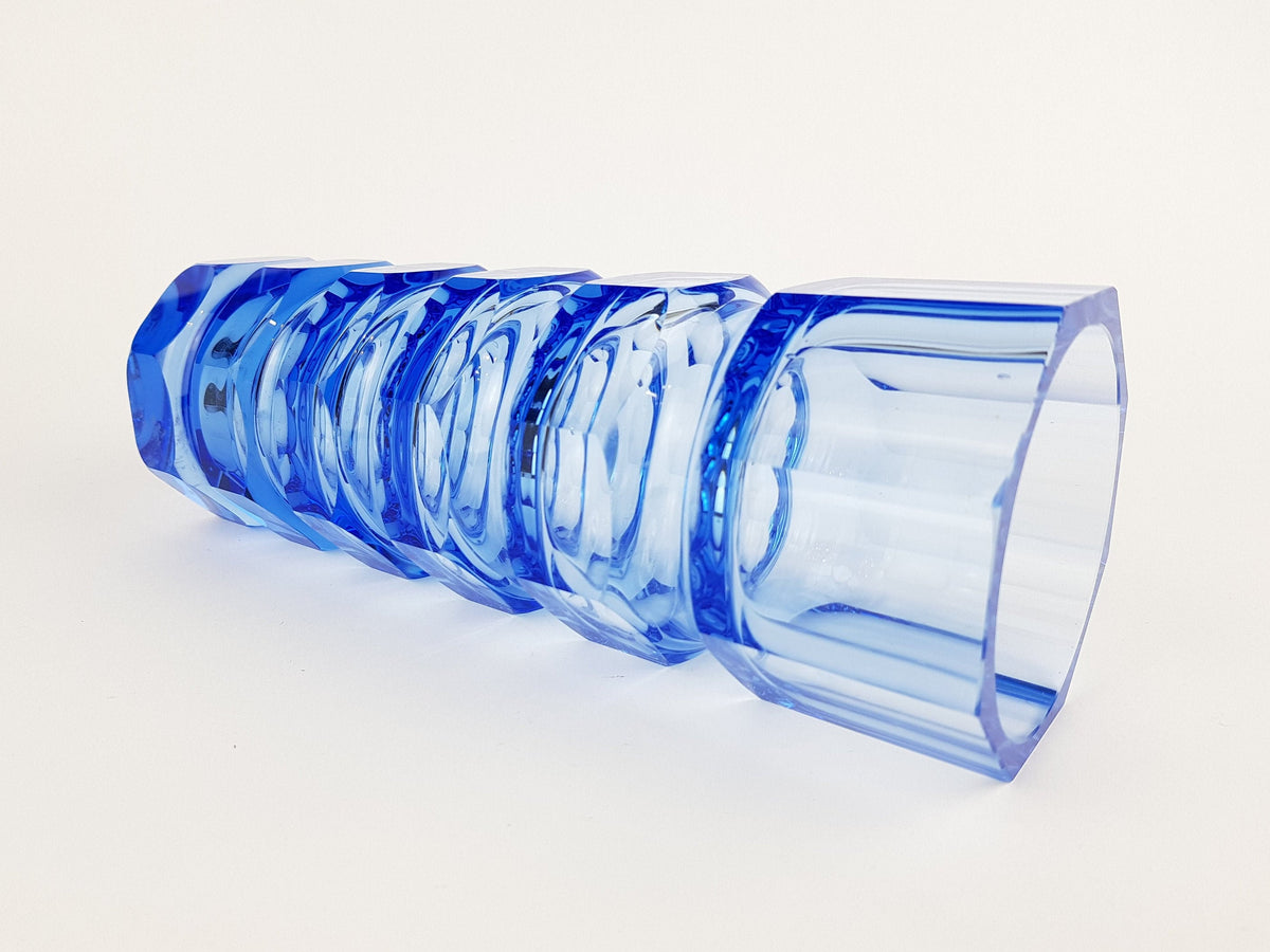 Vintage Blue VEB GLASWERKE SCHMIEDEFELD by Oldrich Lipsky Octagonal Facetted Crystal Glass Exbor Vase 1960s 1970s
