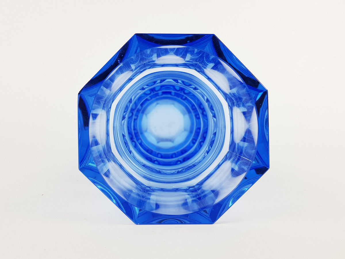 Vintage Blue VEB GLASWERKE SCHMIEDEFELD by Oldrich Lipsky Octagonal Facetted Crystal Glass Exbor Vase 1960s 1970s