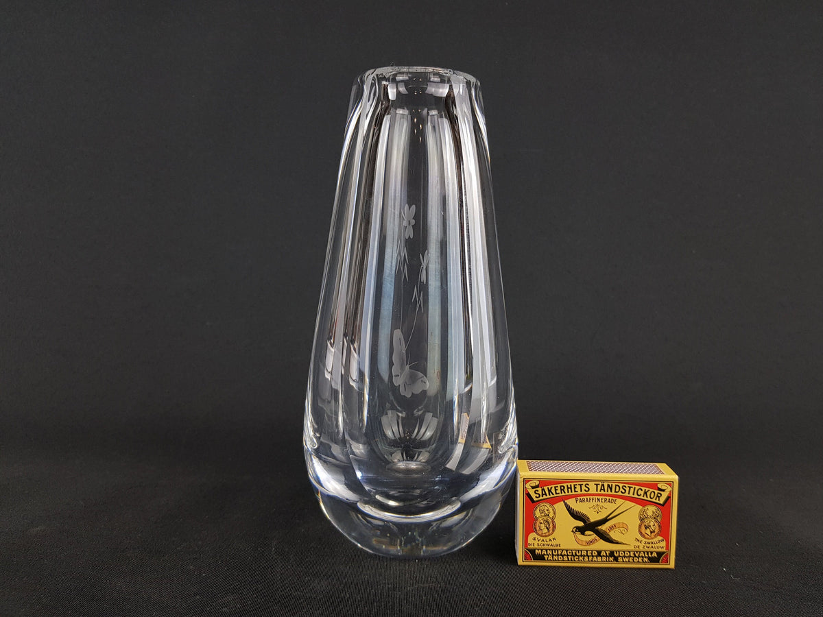 Vintage ORREFORS Clear Vase With Engraved Butterfly Decor From Sweden Scandinavia 1960 1970s