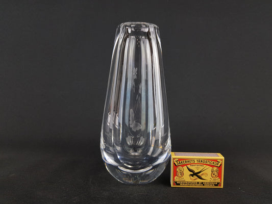 Vintage ORREFORS Clear Vase With Engraved Butterfly Decor From Sweden Scandinavia 1960 1970s