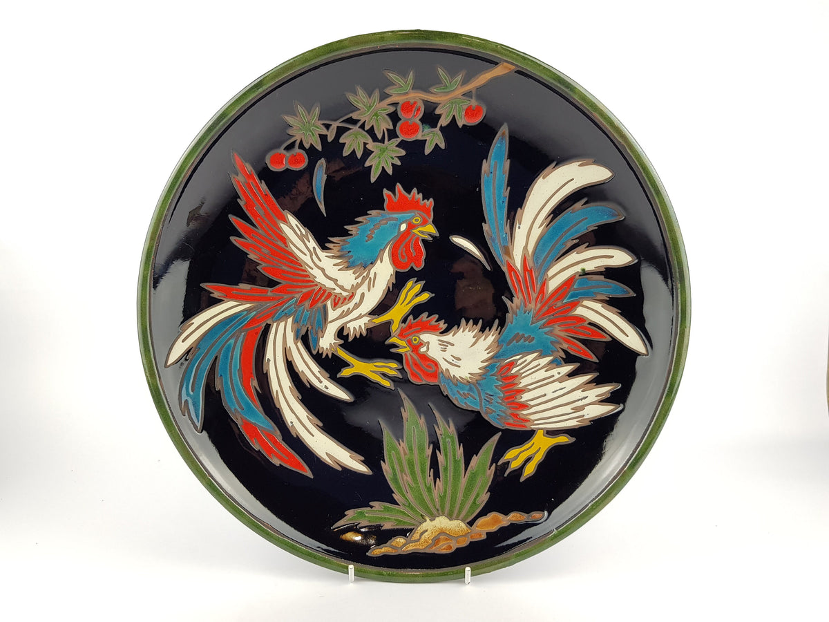 Vintage Fighting Roosters Cocks Wall Plate Enamelled Ceramic