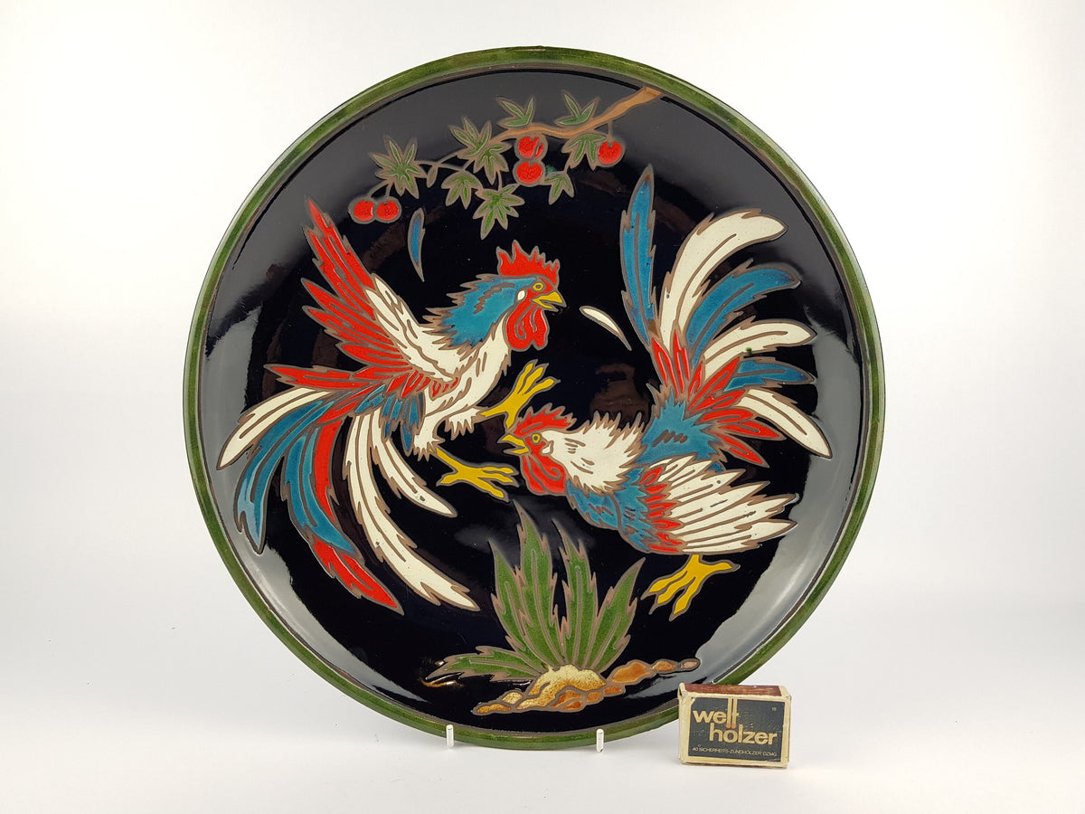 Vintage Fighting Roosters Cocks Wall Plate Enamelled Ceramic