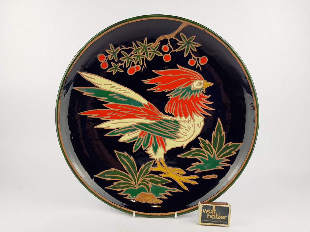 Vintage Rooster Cock Wall Plate Enamelled Ceramic