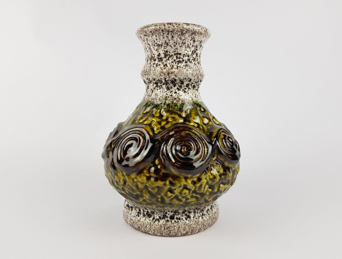 Vintage UBELACKER (Ü-KERAMIK) Olive Green and Beige Fat Lava Vase West German Pottery 1970s