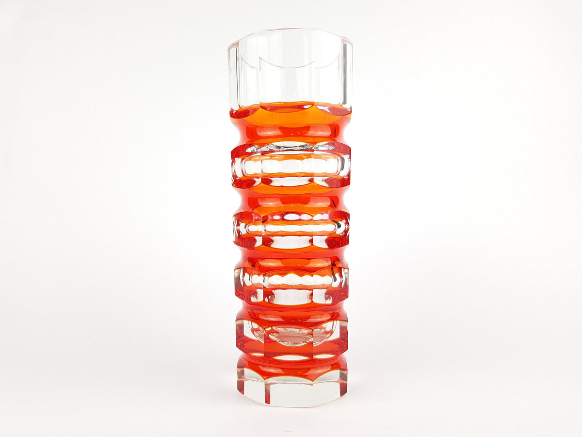Vintage Stunning Red VEB GLASWERKE SCHMIEDEFELD by Oldrich Lipsky Octagonal Facetted Crystal Glass Exbor Vase 1960s 1970s