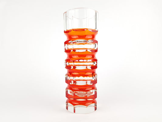 Vintage Stunning Red VEB GLASWERKE SCHMIEDEFELD by Oldrich Lipsky Octagonal Facetted Crystal Glass Exbor Vase 1960s 1970s