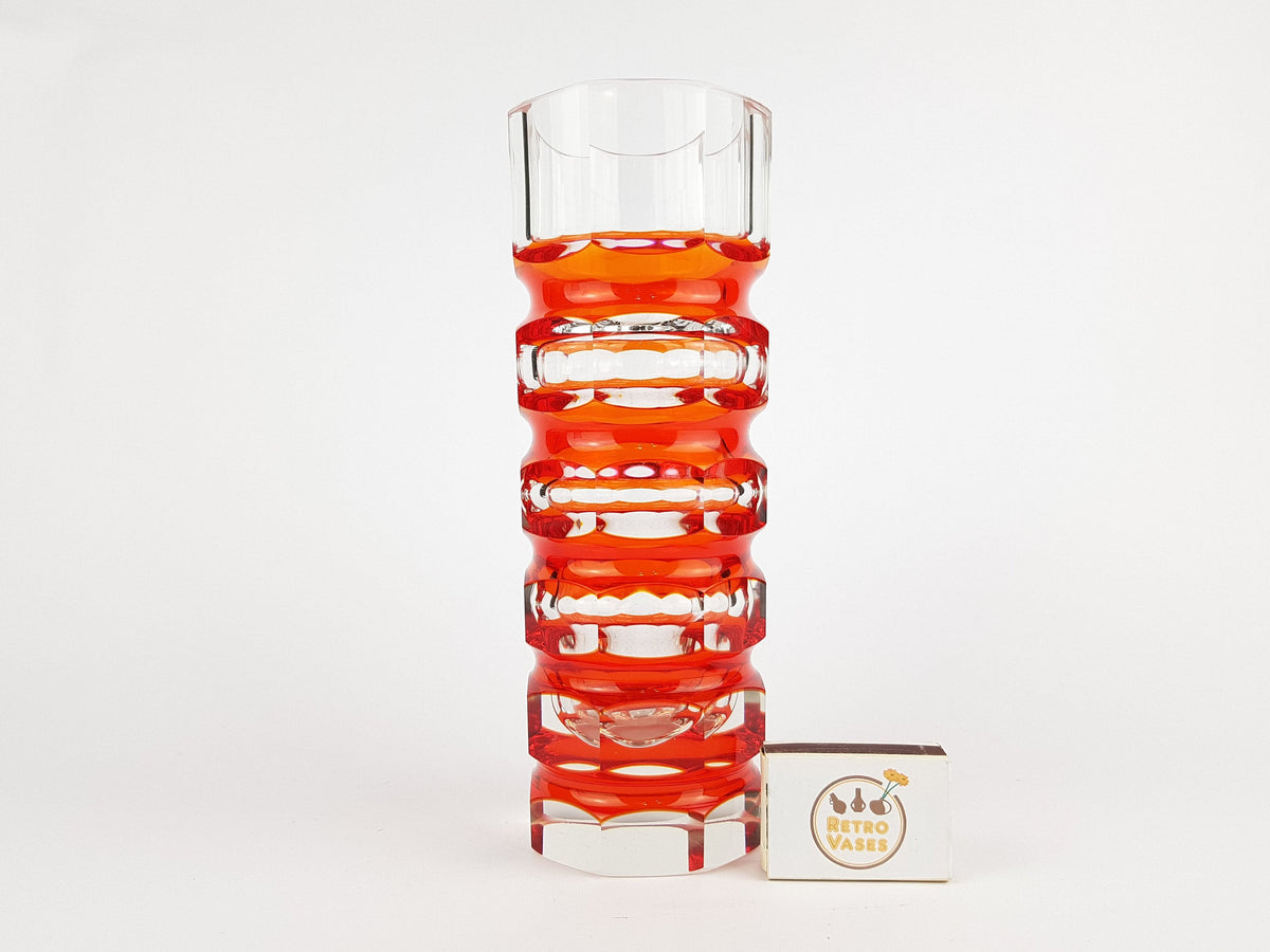 Vintage Stunning Red VEB GLASWERKE SCHMIEDEFELD by Oldrich Lipsky Octagonal Facetted Crystal Glass Exbor Vase 1960s 1970s