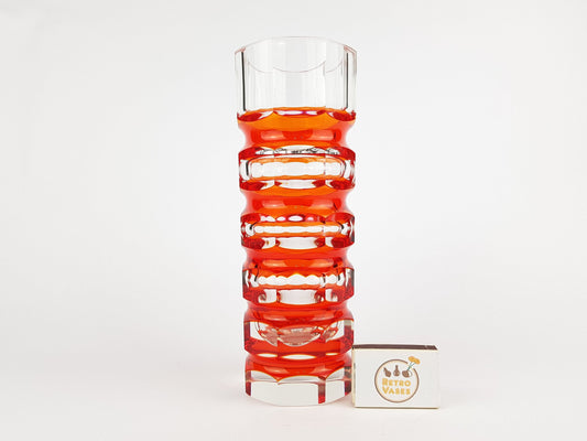 Vintage Stunning Red VEB GLASWERKE SCHMIEDEFELD by Oldrich Lipsky Octagonal Facetted Crystal Glass Exbor Vase 1960s 1970s