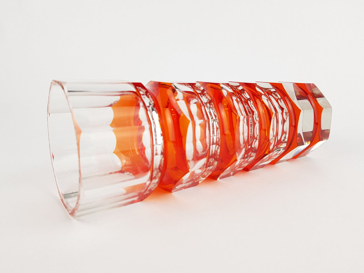 Vintage Stunning Red VEB GLASWERKE SCHMIEDEFELD by Oldrich Lipsky Octagonal Facetted Crystal Glass Exbor Vase 1960s 1970s